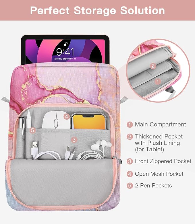 MoKo 9-11 Inch Tablet Sleeve Bag Handle Carrying Case with Shoulder Strap Fits 11inch iPadAir M3, iPad A16 2025, Pro 11", iPad 10/9/8/7th Gen, Tab S8/S9 11", Cloudy Pink