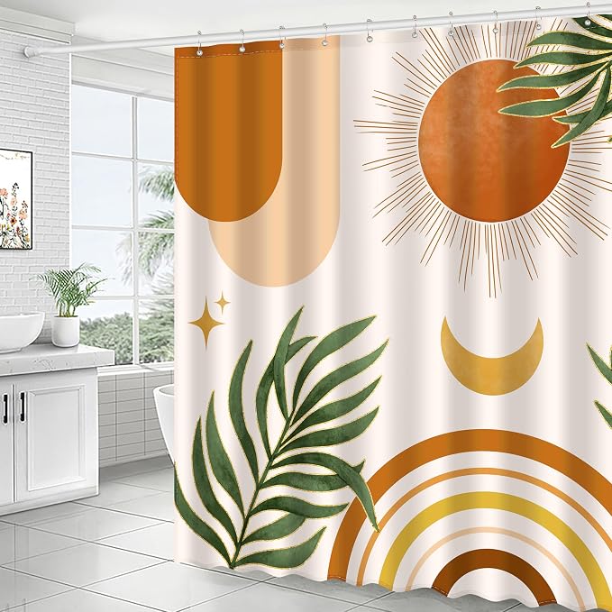 JWXCBIM Boho Mid Century Shower Curtain, Bohemian Orange Minimalist Simple Aesthetic Modern Bathroom Decor, Spring Summer Colorful Rainbow Sun Moon Botanical Fabric Cloth Bath Curtain 72x72 Inches