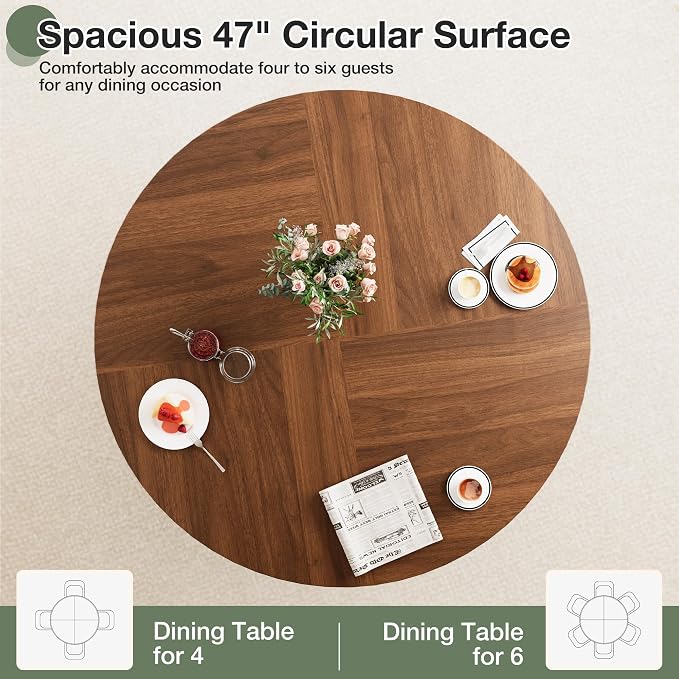 47" Round Dining Table for 4-6, Space-Saving Dining Room Table with Core Rolling Shutter Storage Shelf and Thick Tabletop, Wood Grain Dinner Table for Kitchen, Dining Room, Living Room, Walnut