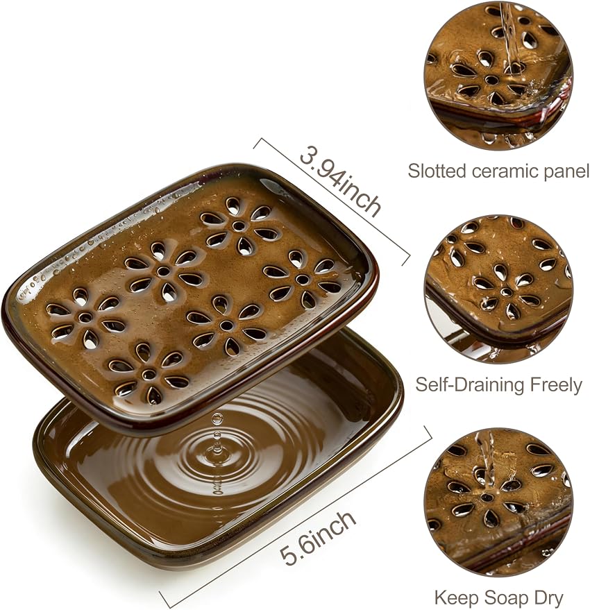 Miamolo Soap Dish with Draining Tray, Bar Soap Holder for Shower Bathroom Bathtub Kitchen Sink, Mess-Free Soap Container Saver with Non-Slip Base, Water Collection Tray Housewarming Gift, Brown