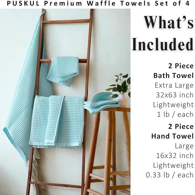 PÜSKÜL 4-Piece Natural 100% Turkish Cotton Luxury Waffle Towels for Bathroom | Premium Honeycomb Weave 2 Hand Towel & 2 Bath Towel Set | Soft Absorbent Quick-Dry Lightweight Towels (Turquoise)