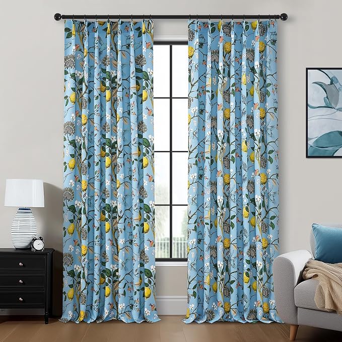 Light Blue Rustic Pinch Pleated Curtains 96 Inches Long for Living Room Bedroom Blackout Vintage Art Deco Anthropologie Vintage Floral Lemon Hummingbird Drape 2 Panels