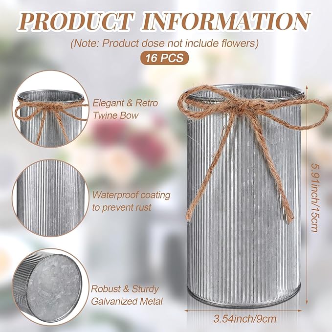 Domensi 5.91 in High Farmhouse Vase Decor Galvanized Metal Flower Vase with Twine Bow Vintage Rustic Tin Flower Buckets for Artificial Floral Table Container DIY(Iron Color,16 Pcs)