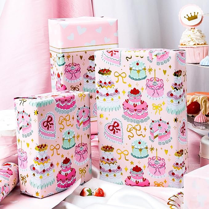 Homeral Birthday Cake Wrapping Paper Roll - Pink Cakes with Gold Metallic Foil & Heart Pattern, Reversible Gift Wrap for 1st Birthday, BABY Shower, Party - Mini Roll - 17 Inch x 33 Feet