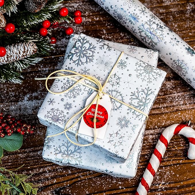 Flyhill Kraft Christmas Wrapping Paper-Silver Snowflake Metallic Embossed Foil Luxury Gift Wrap Roll Design for Holiday, Party,Celebration, New Year (17 Inch X 32.8 Feet)
