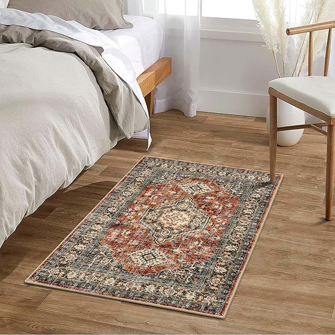Lahome Oriental Washable Small Area Rug, 2x3 Rugs for Entryway Kitchen, Ultra-Thin Soft Indoor Door Mat Non Slip Throw Carpet for Bedroom Bathroom, Brick Red