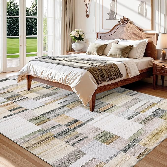 Washable Area Rugs 9 x 12 Rug for Living Room Geometric Modern Rug Non Slip Throw Rugs Large Bedroom Rugs Low Pile Stain Resistant Carpet for Dining Room Nursery 9'x12' Khaki&Grey
