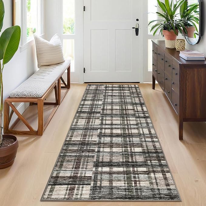 Washable Runner Rug 2x6 Runners Modern Bathroom Rugs Contemporary Plaid Low Pile Farmhouse Small Non Slip Kitchen Rug Stain Resistant Carpet for Entryway Living Room Bedroom, Green/Brown 2'x6'