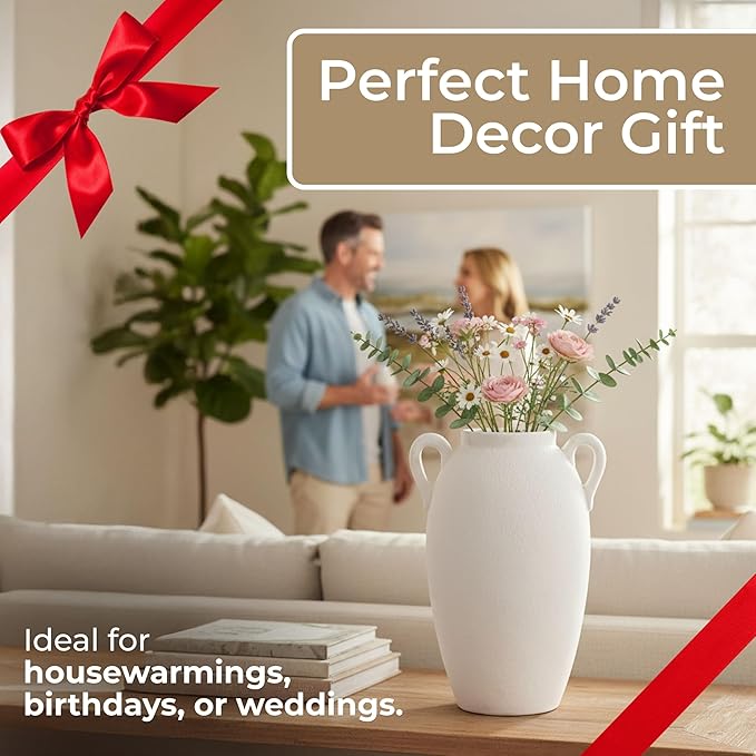 Decorative Vase for Home Decor – Textured Ceramic Jug with Handles, White Table Vase for Flowers, Modern Centerpiece for Living Room Styling or Shelf Displays, Casual Home Accent – 13", White