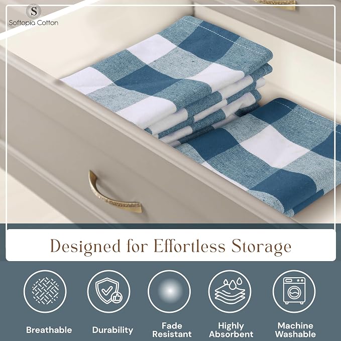 Teal Buffalo Check Plaid Kitchen Towels, 4 Pack, 100% Cotton, 16x26 Inches, Super Absorbent, Quick Dry, Soft, Dish Drying & Cleaning Towels with Hanging Loop, Teal Green and White