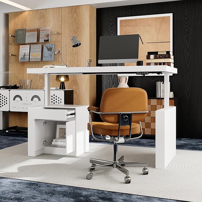MOUMON 70.9” Electric Standing Desk with Drawer, Height Adjustable Executive Computer Desk with File Storage for Home Office, Sit Stand Desks, White, 70.9”W x 31.5”D x 29.5”-44.1”H