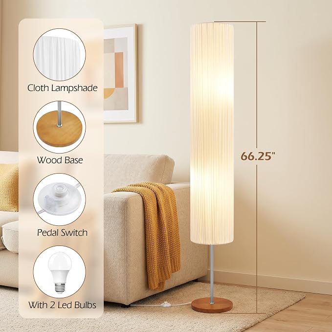 GyroVu 66" Floor Lamp for Living Room, Color Temperature Adjustable Standing Lamp for Bedroom, Corner Floor Lamp with Wooden Base Cloth Shade Tall lamp for Home Decor(Bulbs Included)