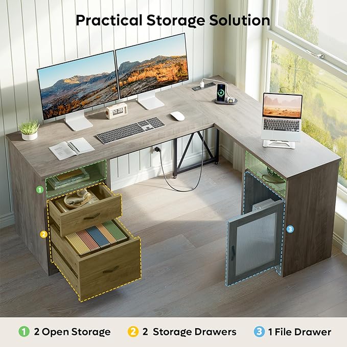 Bestier Farmhouse L Shaped Desk with Drawers, 63" x 47" Office Computer Desk with Charging Station & Fluted Storage Cabinet, Corner Desk with File Drawers, Modesty Panel for Home Office, Grey