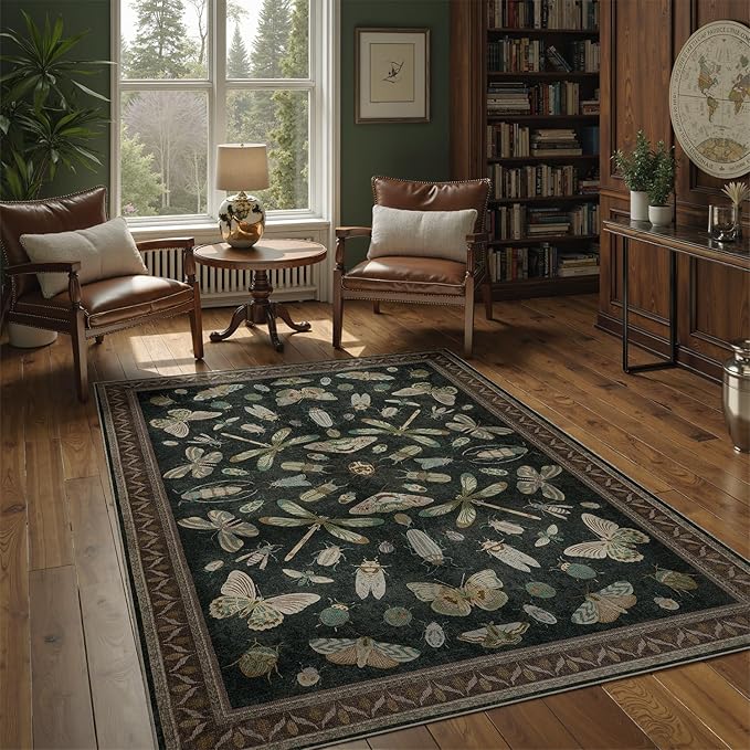 DCX 4x6 Washable Insect Rug, Vintage Gothic Black Rug with Non-Slip Rubber Backing, Soft Low-Pile, Stain-Resistant, Kid & Pet Friendly, for Living Room, Bedroom, Office, and Nature-Themed Decor