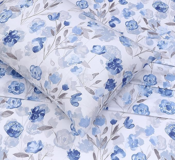 RUVANTI 100% Cotton Twin Sheets Set, 3 Pieces, Soft & Breathable Percale Weave Bedding, Deep Pocket 16", Hotel Standard, Crisp Cool Feel, Durable, Perfect Floral Bed Sheet, Monotones