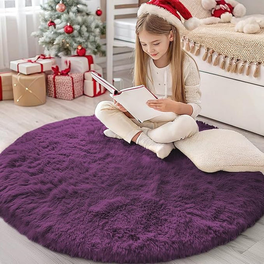 OLANLY Dark Purple Round Rugs for Bedroom - Machine Washable, 4 ft Circle Area Rugs for Living Room, Soft and Fluffy Shaggy Carpet for Teen Girl and Boys, Nursery Rooms, Dorms, Home Decor Aesthetic