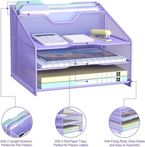 Samstar Desk File Organizer - Purple Mesh Letter Holder with 3 Trays & 2 Upright Sections for Office Supplies