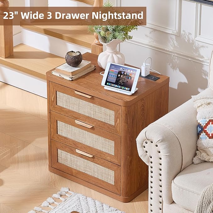 LEYAOYAO Rattan Night Stand with Charger Station, 23" Large 3 Drawer Boho Nightstand, Tea Brown Bedside Table Storage Cabinet, Bed Side End Tables for Bedroom, Living Room, Hallway