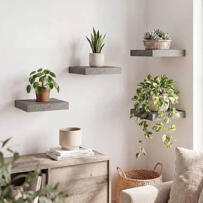 RICHFOCUS 8 Inch Floating Shelves for Wall Small Square Shelves Set for Bedroom|Kitchen|Bathroom|Laundry Room Rustic Wood Wall Mounted Shelf with Invisible Brackets for Books|Storage|Decor, Grey