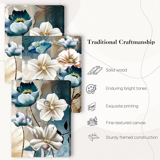 SERIMINO 3 Piece Lotus Flower Canvas Wall Art for Living Room, Blue Floral Picture Wall Decor for Dining Room Bedroom, Art Print Painting for Home Decorations 12"X16"