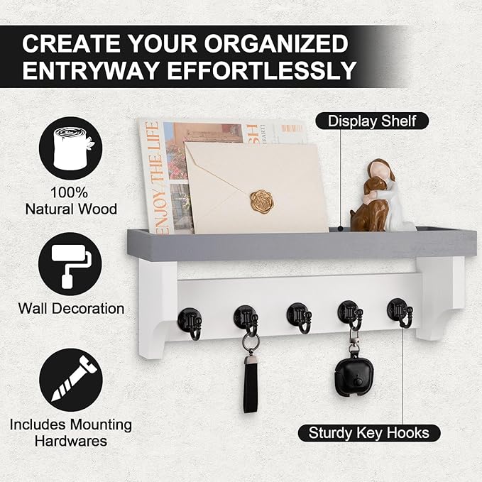 Lucundm Key and Mail Holder Wall Mount, Key Holder with Shelf and Mail Organizer Wall Mount. Mail Holder with 5 Hooks for Coat, Dog Leash, Home Decor Rack, Entry Way Organizer (Gray & White)
