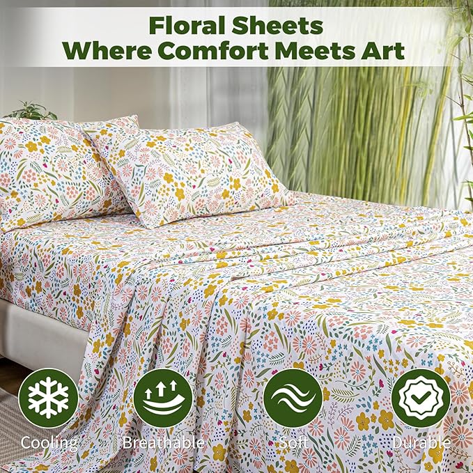 Bedlifes Queen Floral 4-Piece Sheet Set - Cooling Sheets Blend Rayon Derived from Bamboo,Soft & Breathable, Deep Pocket 16", Wrinkle Resistant - Featuring Floral