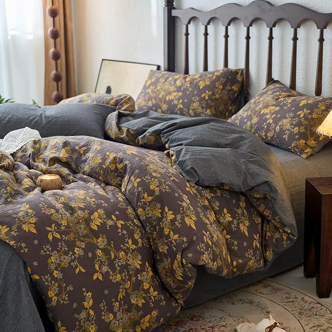 mixinni Vintage Floral Duvet Cover King Set - Gold Jacquard & Grey Reversible, 100% Yarn-Dyed Double-Layer Cotton, Breathable & Luxurious Farmhouse Bedding (3-Piece, Includes 2 Pillowcases)