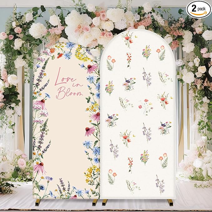 Chunful 2 Pcs Love in Bloom Bridal Shower Decorations 2-Sided Round Top Cute Wildflower Backdrop Arch Cover for Wedding Bridal Bride-to-be Engagement Wedding Party Supplies 6 ft/7.2 ft (Pink)