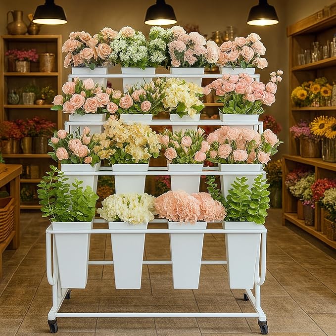 Flower Display Stand Frame, 4 -Tier Flower Cart with Wheels, Metal Floral Display Rack, Moving Florist Bouquet Shelf for Shop,Flower Bar, Events (White - 4 Tier)