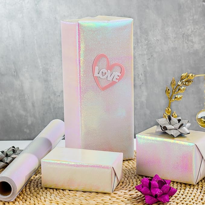 Yarcony Pink Holographic Wrapping Paper - 17Inch X 32.8Feet - Shiny Pink Iridescent Sparkle Wrapping Paper Embossed Gift Wrap Present for Birthday Wedding Bridal Shower Valentine's Day Mother's Day