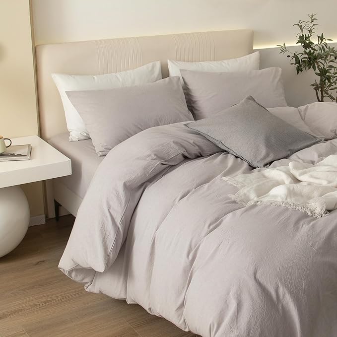 JIYUAN 100% Washed Cotton Duvet Cover Set 3 Pieces Full, 1 Duvet Cover 80x90 Inches(Comforter Not Included) and 2 Pillowcases,Linen Feel Bedding Set Comfy and Breathable, Heathered Linen