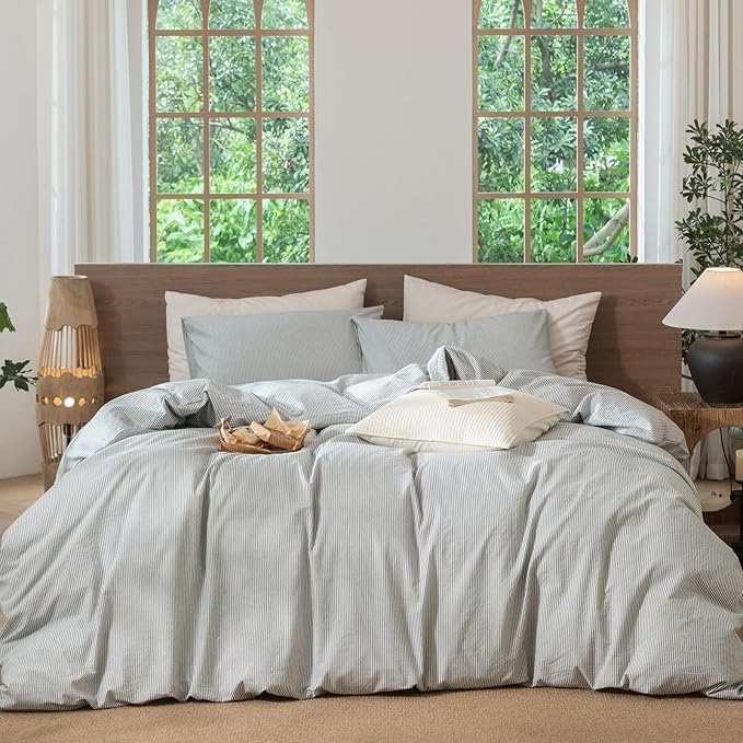 MooMee Striped Duvet Cover Set 100% Washed Cotton Linen Like Textured Breathable Durable Soft Comfy (Heathered Green Pinstripes, Super Queen 90"x98")