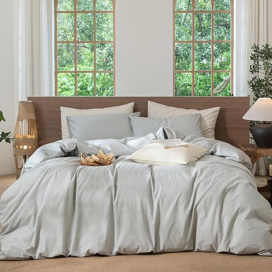 MooMee Striped Duvet Cover Set 100% Washed Cotton Linen Like Textured Breathable Durable Soft Comfy (Heathered Green Pinstripes, Full 80"x90")