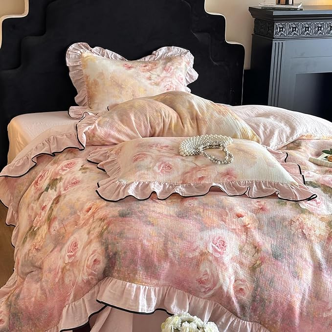 HighBuy Rose Floral Linen Duvet Cover Full Size,Boho Chic Floral Bedding with Ruffle Design, Breathable & Durable Bedding,Farmhouse Cooling Comforter Cover Sets 1 Duvet Cover and 2 Pillowcases