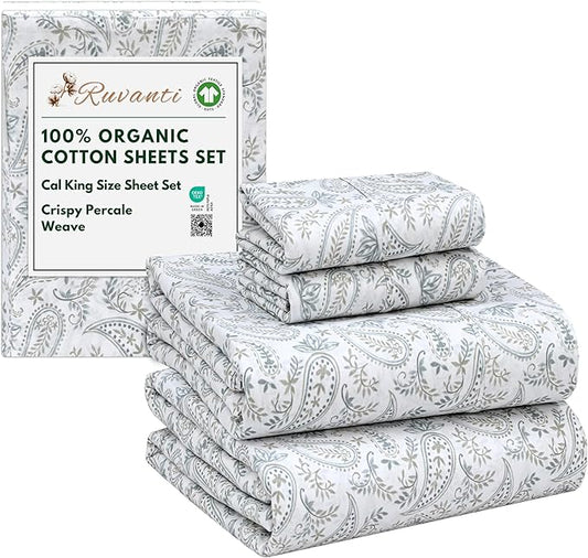 RUVANTI 100% Organic Cotton Sheets California King, Percale Weave, GOTS Certified, 4-Piece Set, Deep Pocket 13", Crisp & Breathable, Soft Durable Bedding, Sábanas Algodón Orgánico – Ornate Oasis