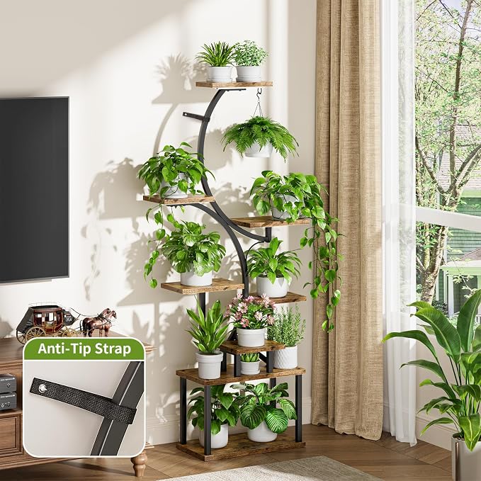 Plant Stand with Grow Lights for Indoor Plants, 8-Tiered Tall Corner Plant Shelf with Full Spectrum Light, S-Shaped Space-Saving Narrow Flower Holder, Anti-Tip for Living Room Bedroom Office, Brown