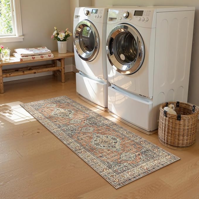 Lahome Oriental Washable Runner Rug, 2x6 Runner Rugs for Hallway Kitchen, Ultra-Thin Distressed Vintage Soft Long Carpet for Bathroom Bedroom Laundry Room, Peach/Orange