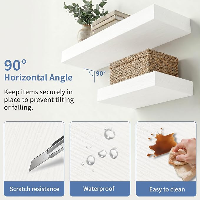Floating Shelves for Wall, Set of 4 Wooden Wall Mounted Shelves for Bathroom Over Toilet, Bedroom, Kitchen, Living Room & Office, Modern Hanging Storage and Wall Decor, White, 12"x7"x1.5"