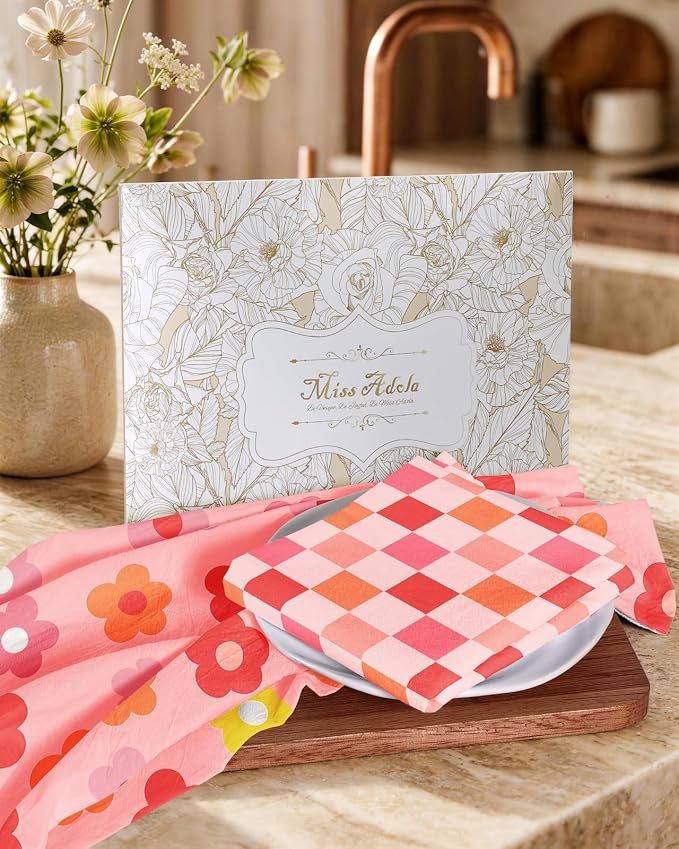 Miss Adola 2 Pack Flour Sack Kitchen Towels - 16x26 Inch Cotton Dish Towels with Hanging Loop Reusable Geometric Boho Modern Retro Tea Towel Absorbent Dishcloths Home Decor, PK Checkered Flower