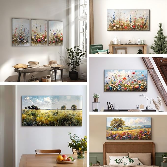 SERIMINO Large Wall Art for Living Room Canvas Prints, Nature Floral Botanical Wall Art Set 3 Piece Farmhouse Decor, Misty Flowers Modern Home Decor Paintings for Bedroom Bathroom 20"X28"