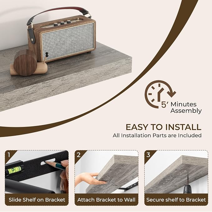 RICHFOCUS 16Inch Floating Shelves for Wall 2 Pack Shelves for Bedroom|Kitchen|Bathroom Wall Mounted Rustic Wood Floating Shelf with Invisible Brackets for Books|Storage|Decor, Grey