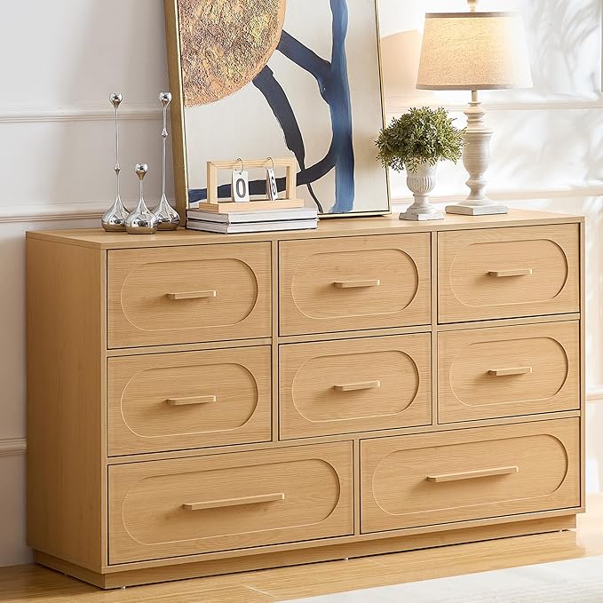 8 Drawers Dresser for Bedroom, 54" Wide Dressers & Chests of Drawers w/Solid Wood Handle, Mid Century Dresser TV Stand w/Natural Texture for Bedroom, Living Room, Natural Oak