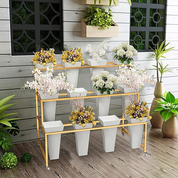 Flower Display Stand With 12PCS Buckets, 3 Layers Metal Plant Stand with Wheels, Heavy Duty Moving Plant Cart Shelf, for Indoor, Outdoor Patio Garden, Living Room, Florist (White - Square Bucket)