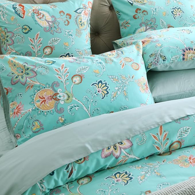 Brandream Teal Duvet Cover Set Coral 100% Egyptian Cotton Chic Floral Bedding Queen Size, 3PC