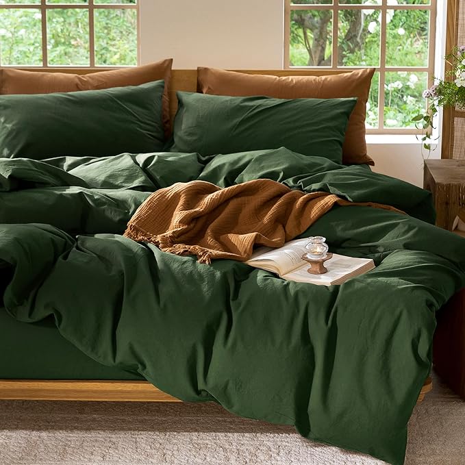 MooMee Bedding Duvet Cover Set 100% Washed Cotton Linen Like Textured Breathable Durable Soft Comfy (Solid Forest Green, Twin 68"x90")