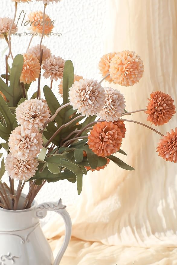 Floroom 9pcs Burnt Orange Peach Mix Faux Silk Mums Artificial Flowers, Bulk Fake Small Mini Chrysanthemums with Stems for DIY Wedding Centerpieces Floral Arrangements Vase Fillers Home Decorations