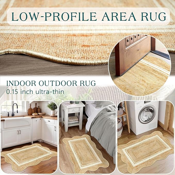 Front Door Rug - 2x3 Jute-Look Washable Doormat Indoor Outdoor Entrance Non-Slip Door Mat Farmhouse Scalloped Small Throw Rugs for Entryway Bedroom Kitchen Mat for Floor Front Porch Decor