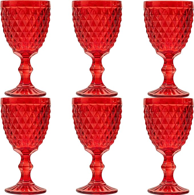 Vintage Wine Glasses Set of 6, 10 Ounce Colored Glass Water Goblets, Unique Embossed Pattern High Clear Stemmed Glassware Wedding Party Bar Glass Drinking Cups Diamond Red