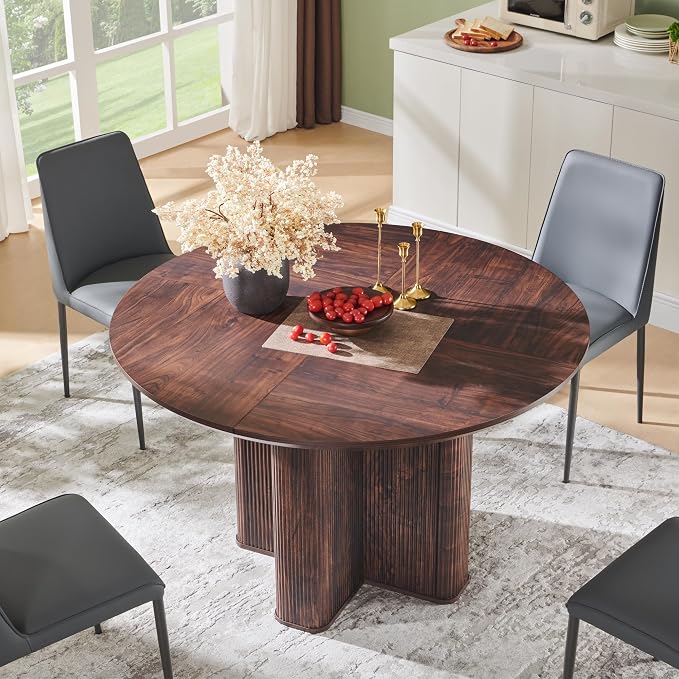 T4TREAM 47" Fluted Round Dining Table for Kitchen Living Room, Dark Walnut | Mid Century Modern Kitchen Table,Seats 4-6,Thickened Edge and Sturdy Reeded Pedestal Base