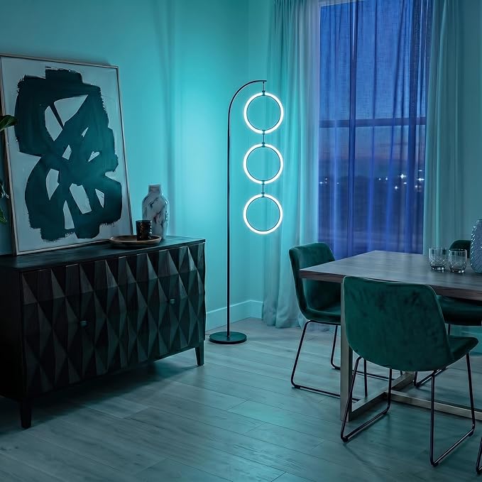 Brightech Nova Modern Color Changing Floor Lamp - LED Lamp with Stunning RGB Color Gradient and Contemporary 3-Circle Ring-Style Pendant - Corner or Over-The-Couch Arching Pole Standing Lamp - Black